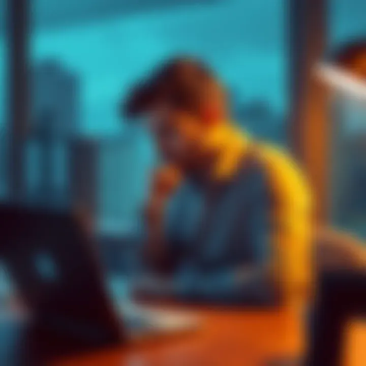 A thoughtful person sitting at a desk with a laptop, reflecting on their innovative idea for a community feature