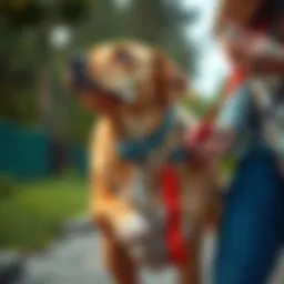 A person wears a collar and is gently held on a leash by another person in a playful outdoor setting.