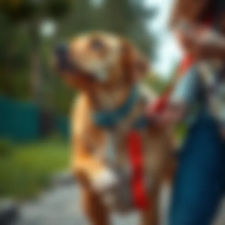 A person wears a collar and is gently held on a leash by another person in a playful outdoor setting.