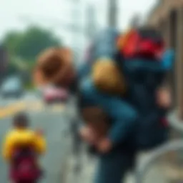 Person carrying heavy backpack Individual struggling with a heavy backpack while managing various items, symbolizing feeling overburdened during tough times.