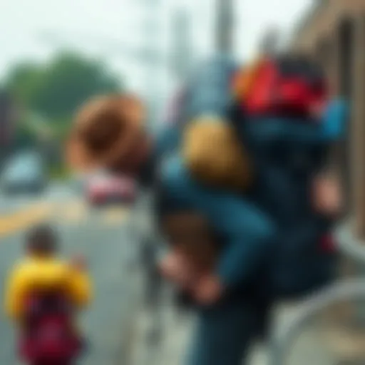 Person carrying heavy backpack Individual struggling with a heavy backpack while managing various items, symbolizing feeling overburdened during tough times.