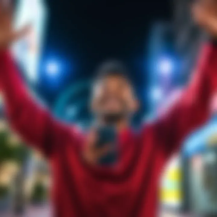 Person celebrating a notification A person smiling and raising their arms in joy after receiving a notification on their phone