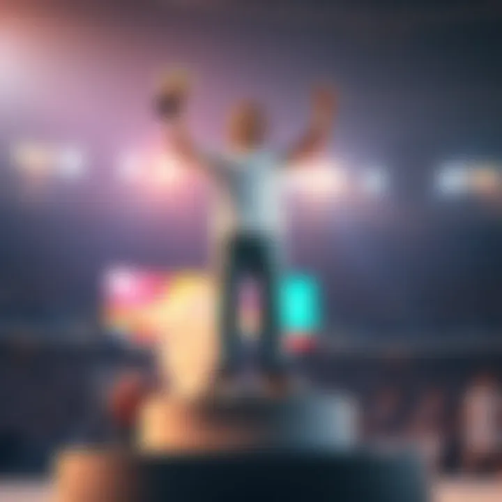 A happy person standing on a podium holding a trophy, symbolizing achievement and late success