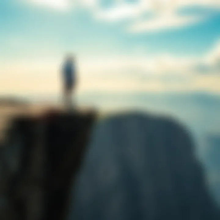 A person hesitates at the edge of a high cliff, visibly anxious about the height, showcasing a moment of fear and uncertainty.