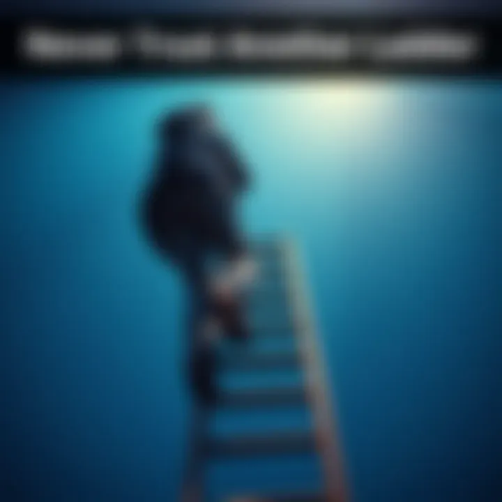 Person climbing a ladder cautiously A person carefully ascending a ladder while checking safety measures
