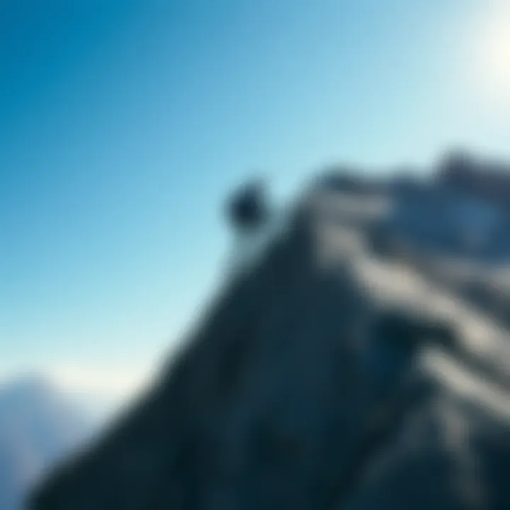 Person climbing a mountain A determined individual climbing a steep mountain, symbolizing perseverance and overcoming challenges, with a clear blue sky in the background.