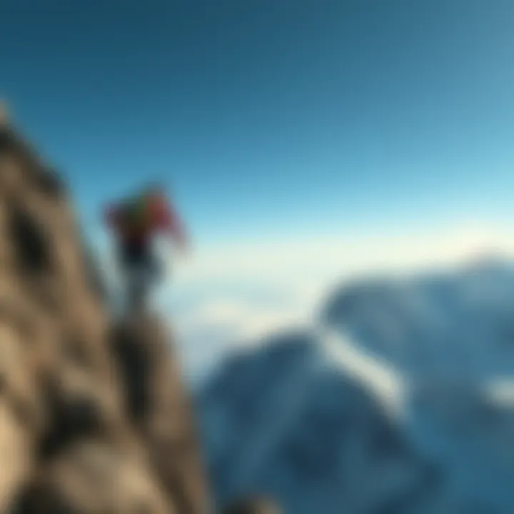A determined individual climbing a steep mountain, representing the struggle to overcome challenges.