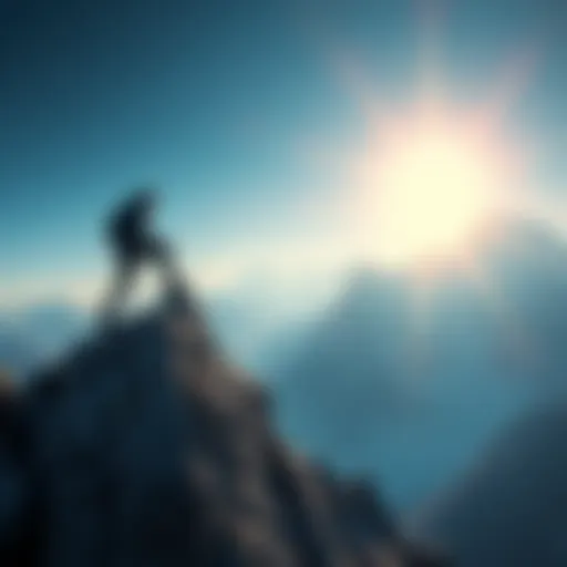 A person struggles to climb a steep mountain, symbolizing the challenges of seeking success.