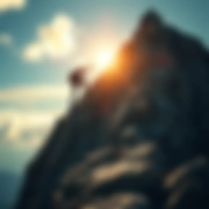 Person climbing a mountain A person reaching for the summit of a mountain, symbolizing the journey from aspiration to reality in personal goals.