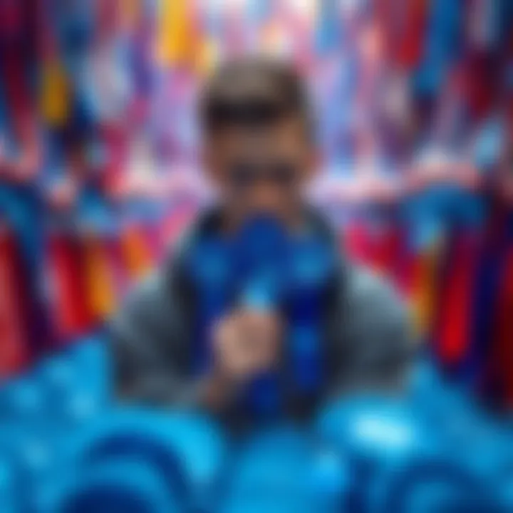 A person looking determined while gathering blue ribbons in a colorful collection setting.