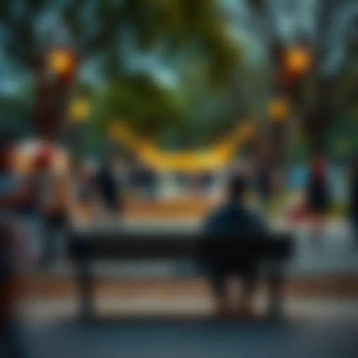 A person sits alone on a bench, looking pensive and unhappy, surrounded by a busy park with people laughing and enjoying, illustrating the contrast of inner feelings and outward appearances.