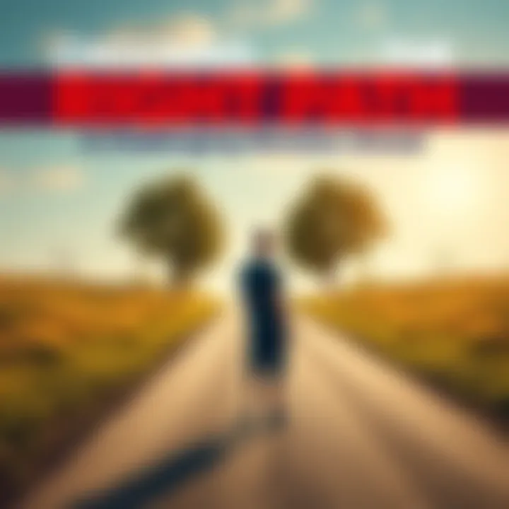 A person standing at a fork in the road, considering which path to take, with trees and a clear sky in the background.