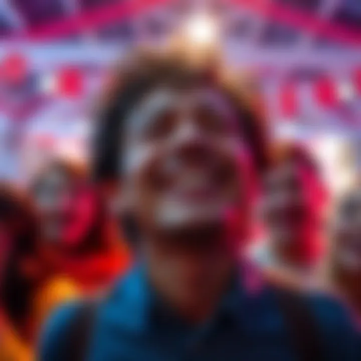 Person Crying in Emotional Challenge A person with tears streaming down their face, expressing deep emotion in a playful crying contest, surrounded by supportive friends in a vibrant setting.