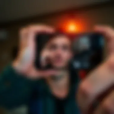 A person taking a selfie at an odd angle, creating a distorted image that misrepresents their true appearance.