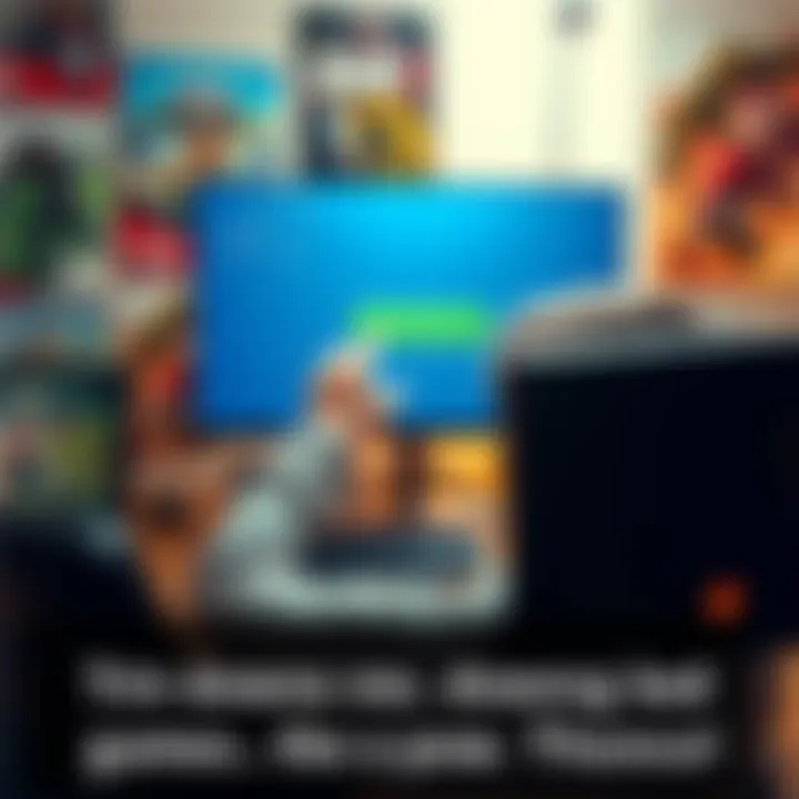 A young person sitting at a computer, eagerly clicking a download button for a game on the screen, surrounded by gaming posters.