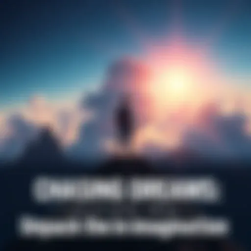 Person Dreaming Big A person standing on a mountain peak looking toward a bright sky filled with clouds and stars, symbolizing dreams and imagination.