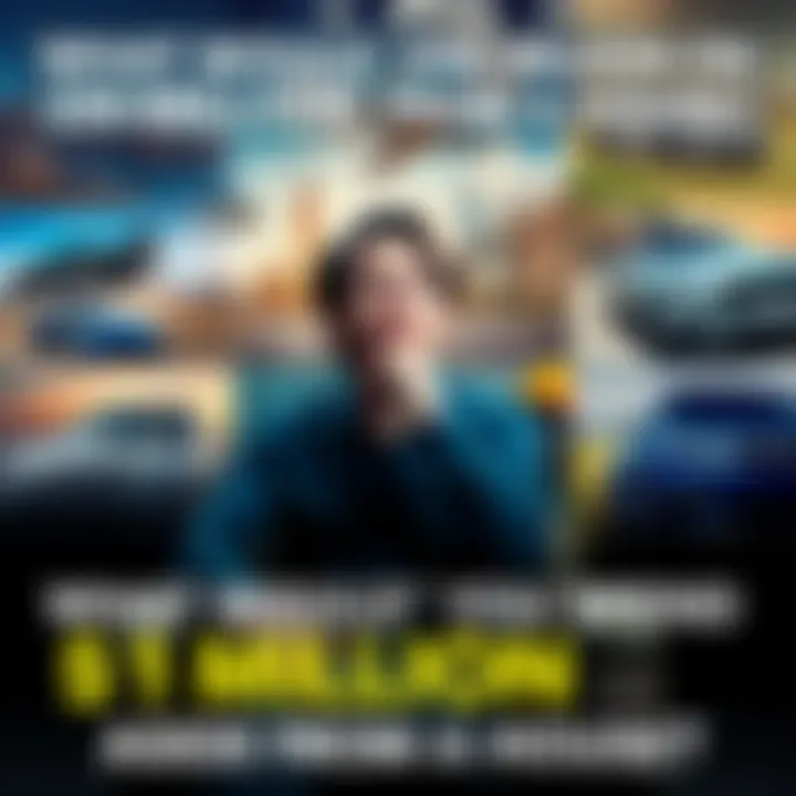 A person sitting with a thoughtful expression, surrounded by images of luxury items and experiences like cars, travel, and gadgets, representing spending one million dollars on unique choices