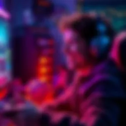 A person smiling while playing video games, surrounded by bright colors and positive vibes.