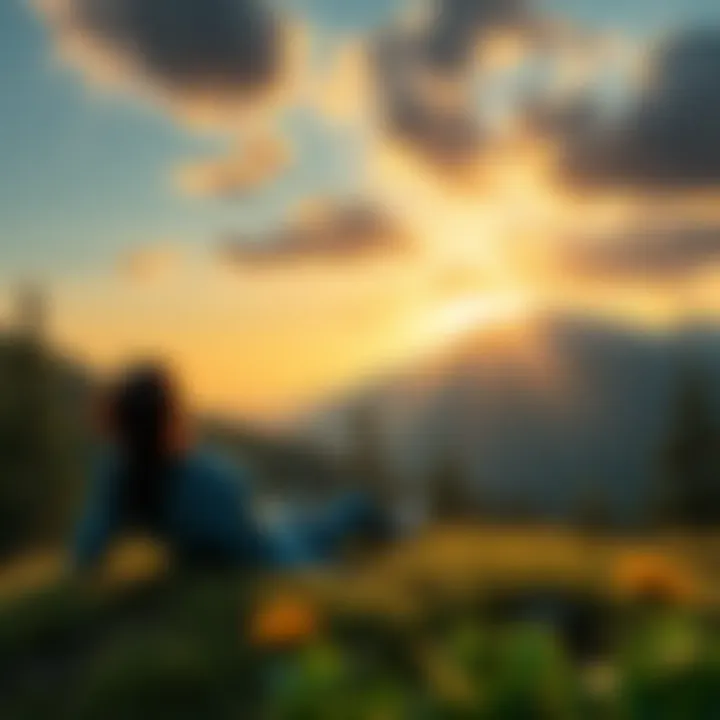 A person relaxing outdoors, surrounded by trees and mountains, reflecting on life after taking a break from gaming.