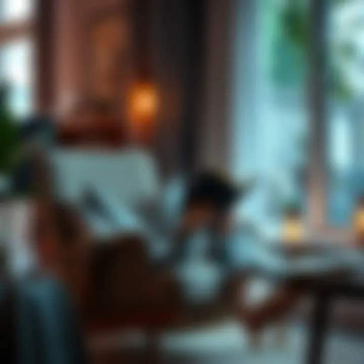 A person sitting comfortably in a cozy chair, reading a book with a warm beverage in hand, surrounded by a serene indoor setting, conveying a sense of relaxation and engagement during a slow day.