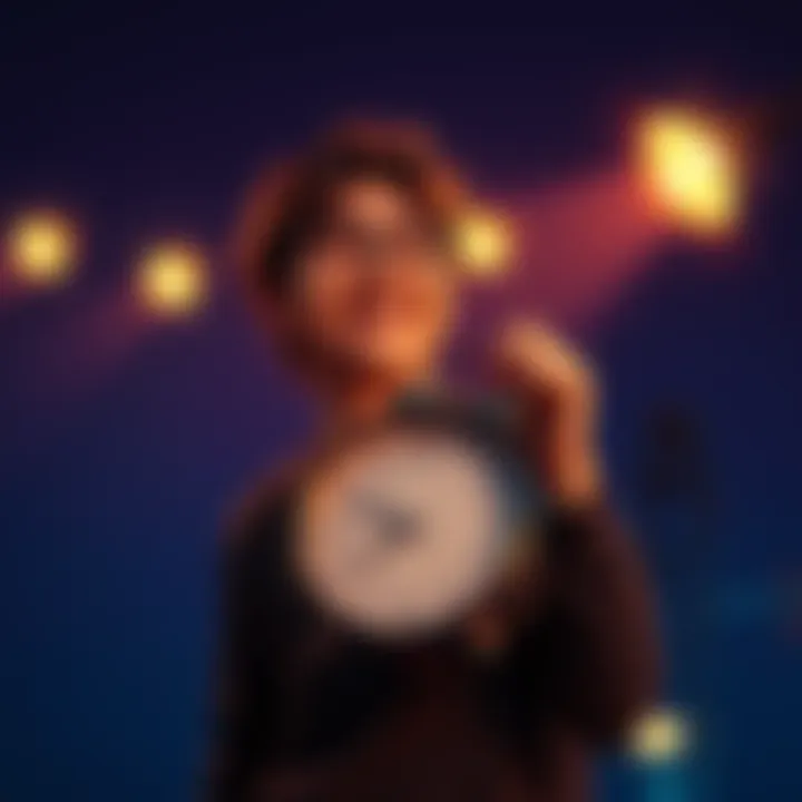 A person standing in a spotlight at night, smiling and looking happy while holding a clock showing late hours, emphasizing the balance between enjoying attention and needing sleep.