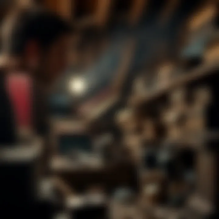 A person looks through an old collection of items in their attic, surrounded by dust and boxes, searching for valuable pieces.