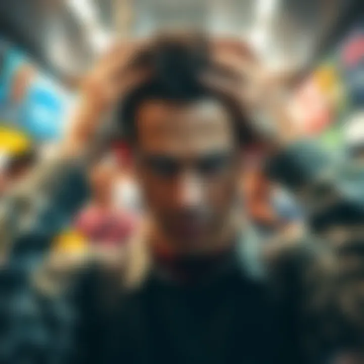 A person with a frown, hands on their head, showing signs of frustration in a busy environment.