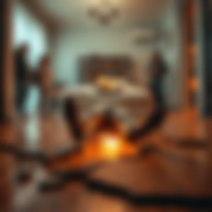 A person falling through a broken floorboard in a house, showing concern from onlookers.