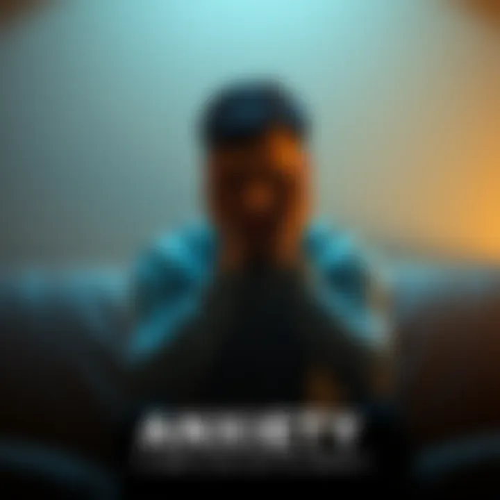 A person sitting on a couch, looking worried and thoughtful, with their head in their hands. Soft lighting creates a calm atmosphere.