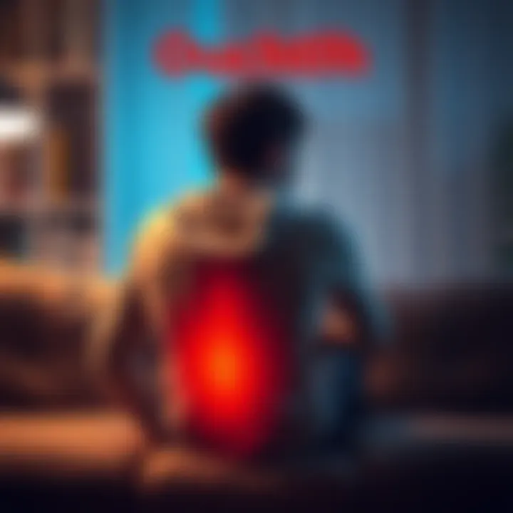 Person feeling pain in their back A person sitting on a couch, holding their lower back in discomfort while looking concerned.