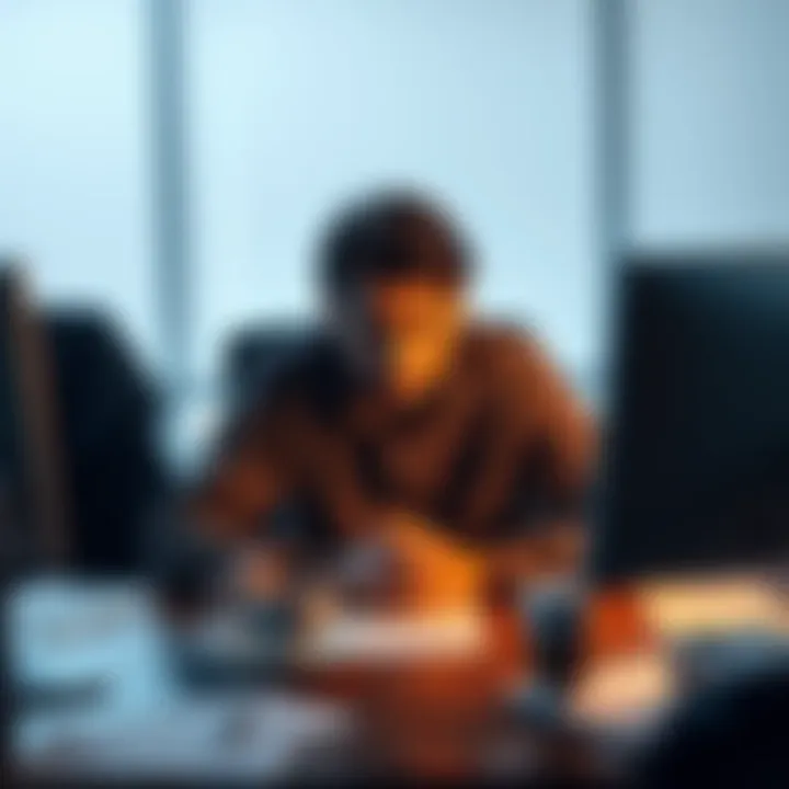 A person sitting at a desk with a tired expression, looking blankly at a computer screen, surrounded by everyday items like coffee and papers, reflecting feelings of boredom and burnout.