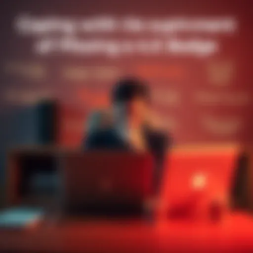 A person sitting at a desk with a laptop, looking sad after missing a badge achievement, with motivational quotes on the wall behind them.