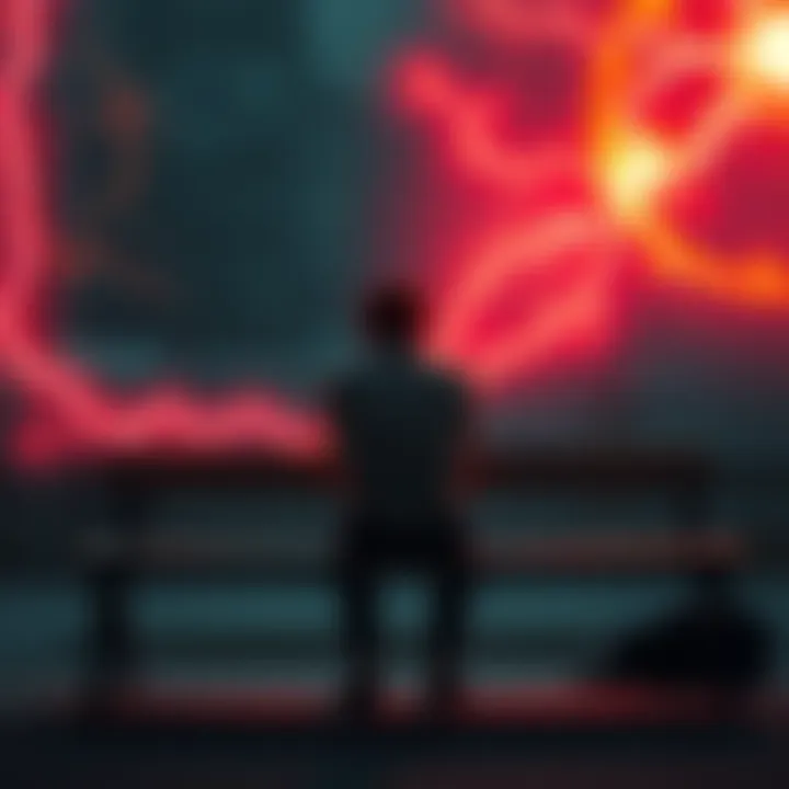 A person sits on a bench looking stressed, surrounded by vibrant energy symbols like swirls and lightning bolts, reflecting intense emotions.
