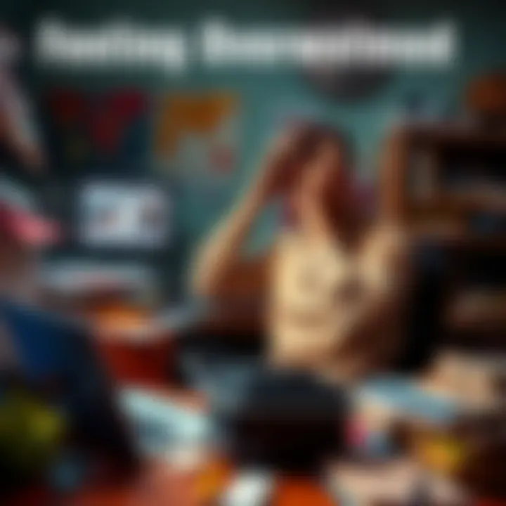 A person sitting at a cluttered desk, looking stressed while holding their head in their hands, surrounded by paperwork and a laptop.