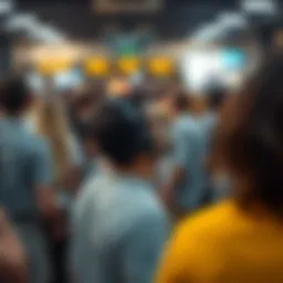 A man standing alone in a busy social gathering, looking around as people engage with each other, highlighting feelings of invisibility