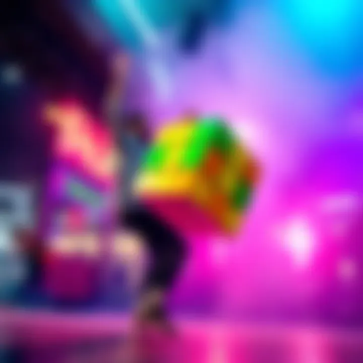 A person enthusiastically flipping a colorful cube while dancing