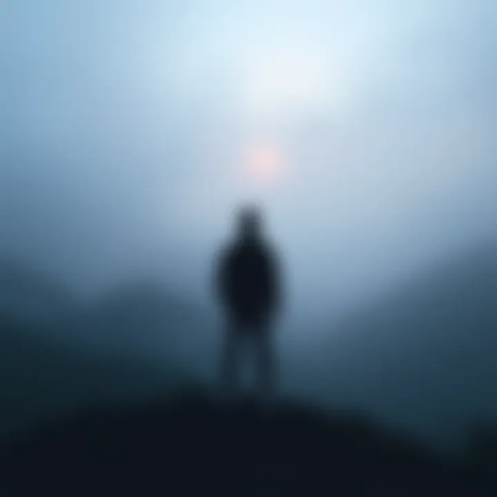 Person looking at a foggy landscape A person standing alone, gazing at a fog-covered valley, symbolizing life's uncertainty
