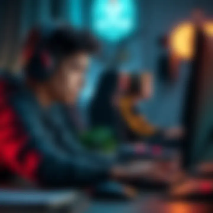 Person gaming with focused expression A person sitting at a desk, intensely focused on gaming while wearing headphones, depicting ranked anxiety.