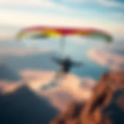 A person enjoys gliding through the air using the Sunwing shield wing over a scenic landscape of cliffs and sand dunes