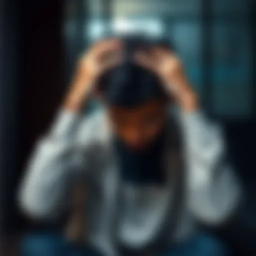 Person with hands on head Individual sitting with hands on their head, looking distressed as they struggle with mental health issues.