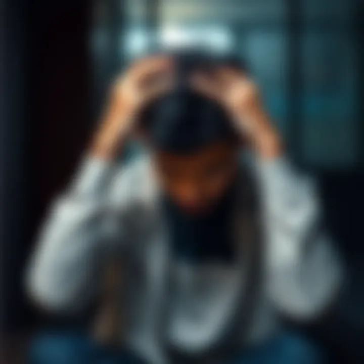 Person with hands on head Individual sitting with hands on their head, looking distressed as they struggle with mental health issues.