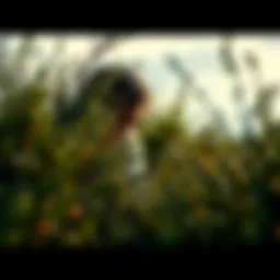 A person partially concealed in thick bushes, looking cautiously ahead. The surrounding nature is calm but tense, suggesting an unexpected encounter.