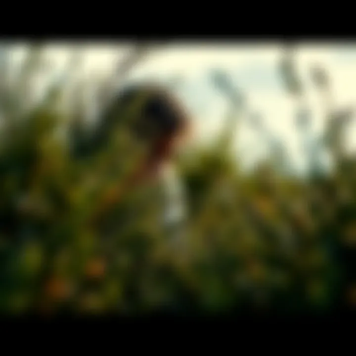 A person partially concealed in thick bushes, looking cautiously ahead. The surrounding nature is calm but tense, suggesting an unexpected encounter.