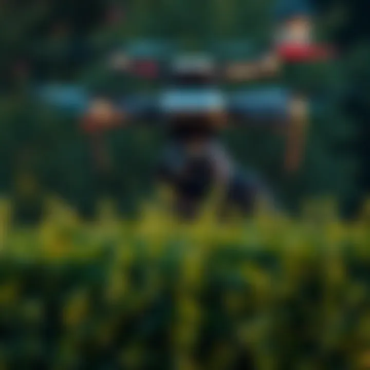 A person crouching behind a bush to avoid detection by a hovering drone