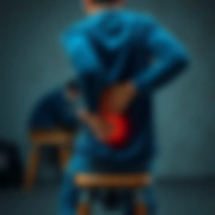 Individual with a pained expression, clutching their lower back while sitting on a stool, symbolizing back pain and the need for surgery.