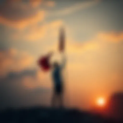 A person stands tall holding a flag, symbolizing sacrifice for a cause, with a sunset in the background.