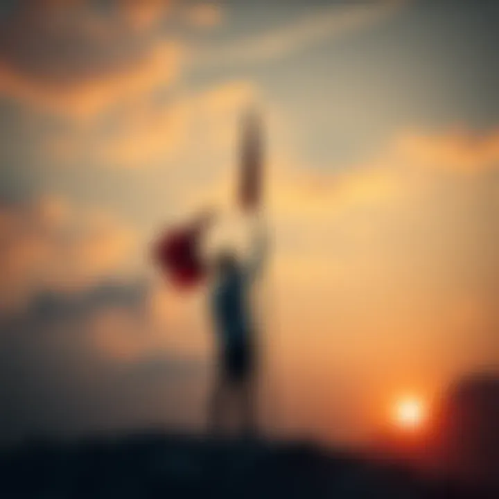 A person stands tall holding a flag, symbolizing sacrifice for a cause, with a sunset in the background.