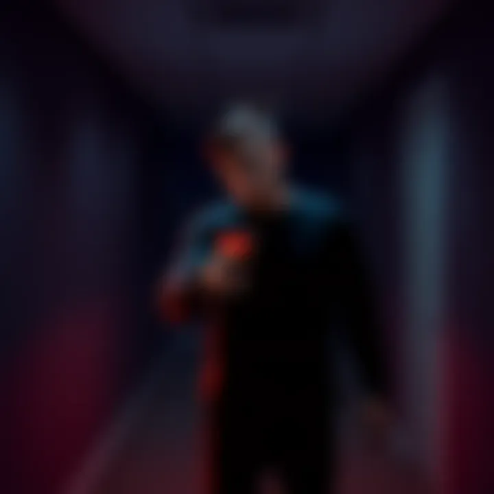 A person stands in a dimly lit room holding a gun, looking contemplative and conflicted about their emotions.