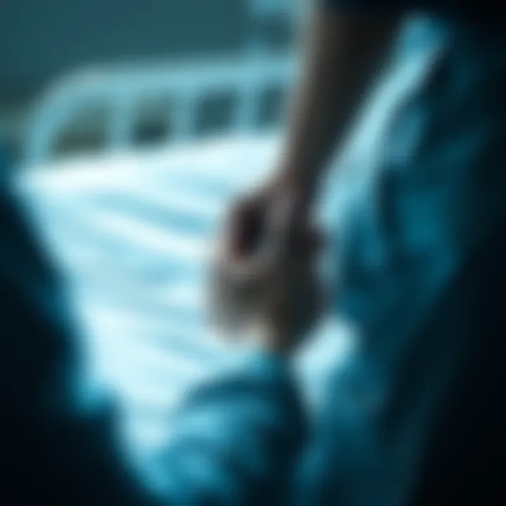 A person sits beside a hospital bed, gently holding the hand of a loved one, both looking emotional, reflecting on a difficult decision.