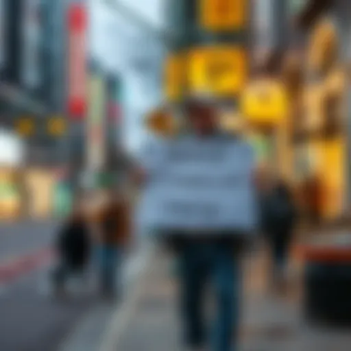 A person stands on a street corner holding a sign that reads 'Need Financial Help'. The background shows a busy urban setting with passersby and shops.
